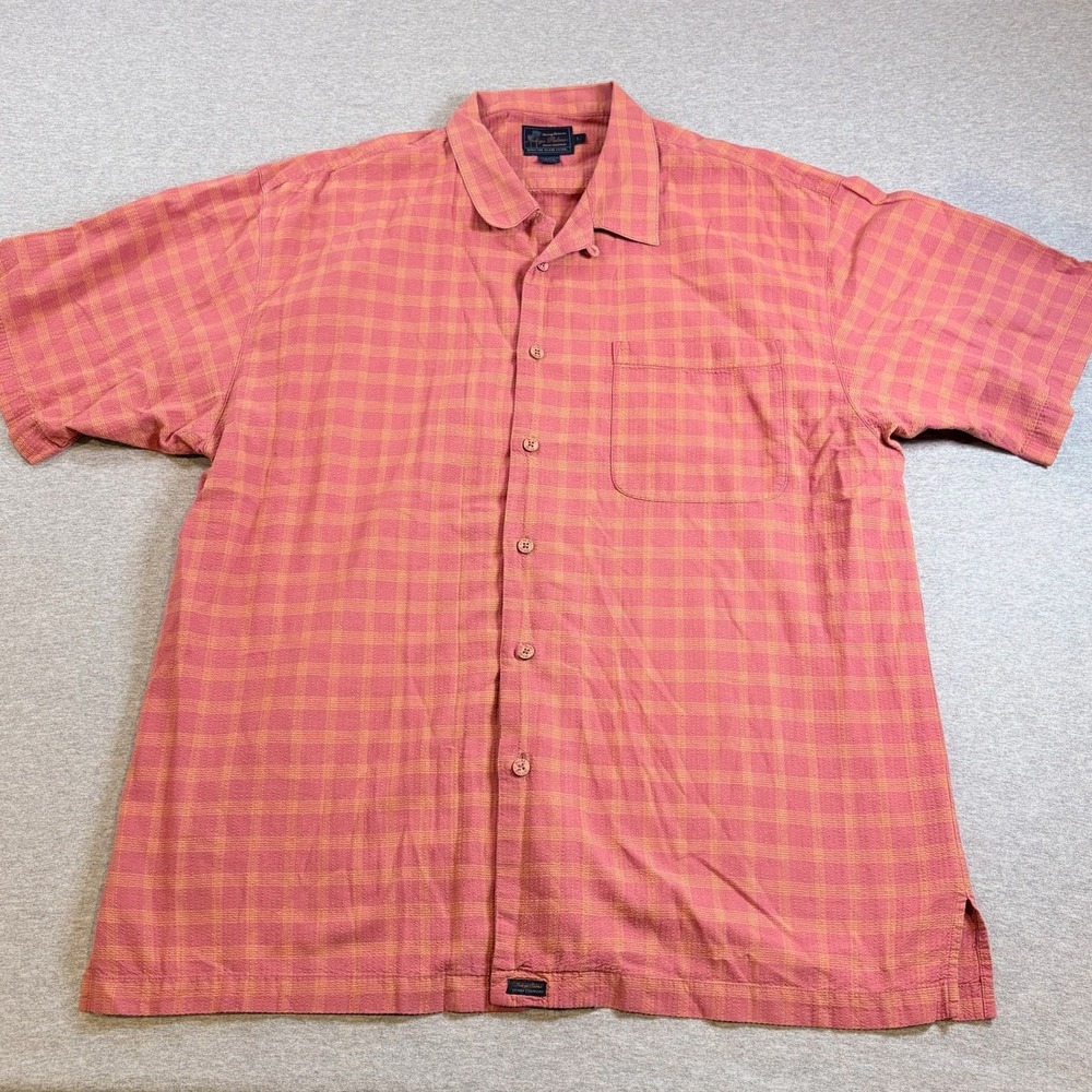 Tommy Bahama Indigo Palms Shirt Mens Large Pink Silk Loop‎ Collar Short Sleeve